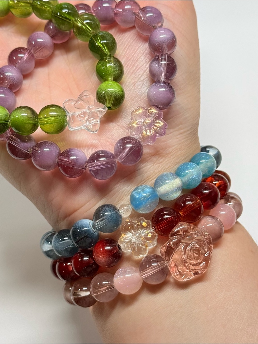 Handmade Multicolor Glass Bead Stretch Bracelets - Green, Red, Pink, Blue